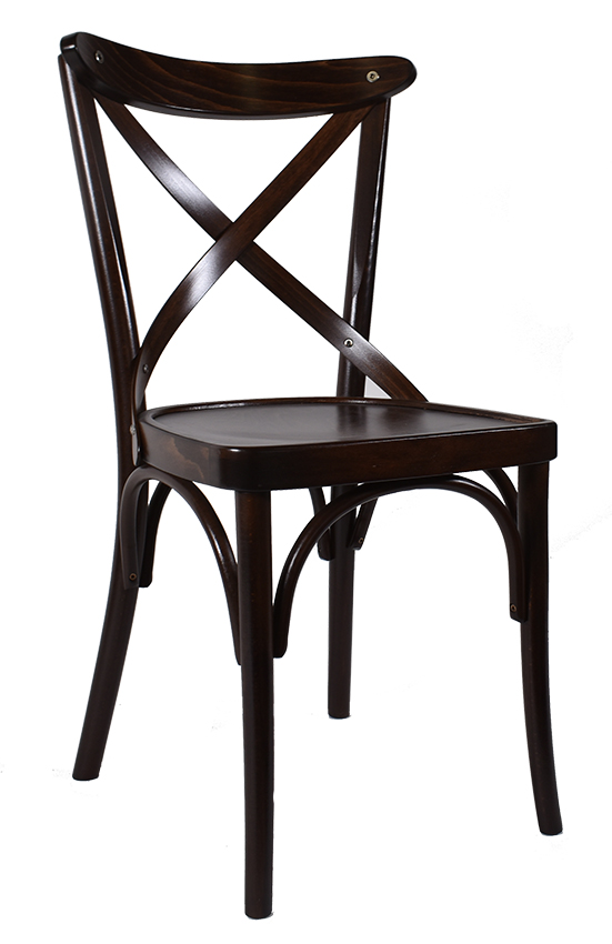 Houten café stoel met gekruiste rugleuning donkerbruin