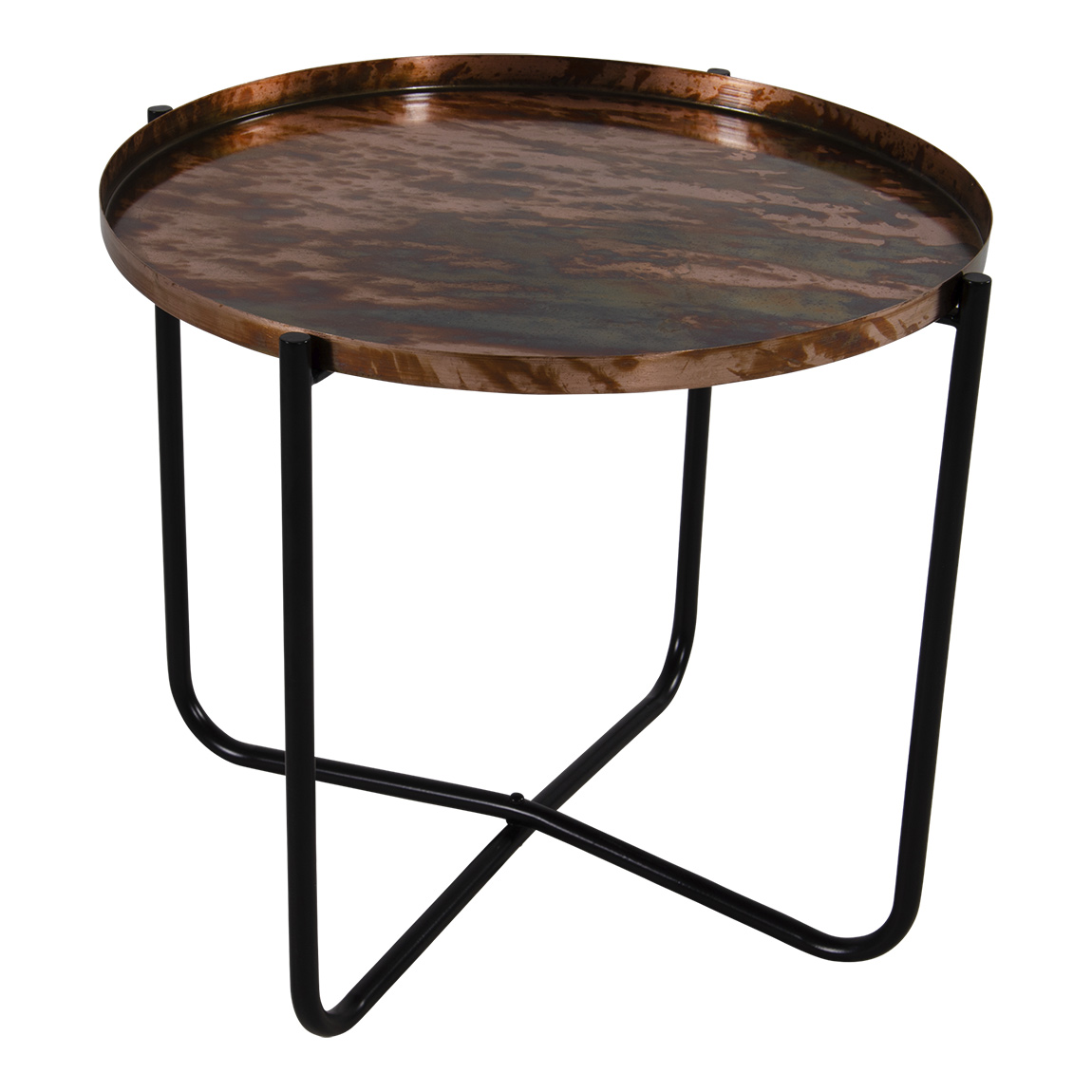 Bijzettafel oud koper tafelblad zwart onderstel 35 cm hoog