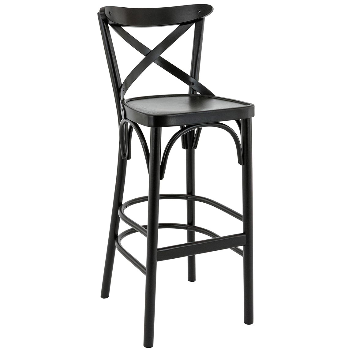 Houten barkruk met gekruiste rugleuning – zwart