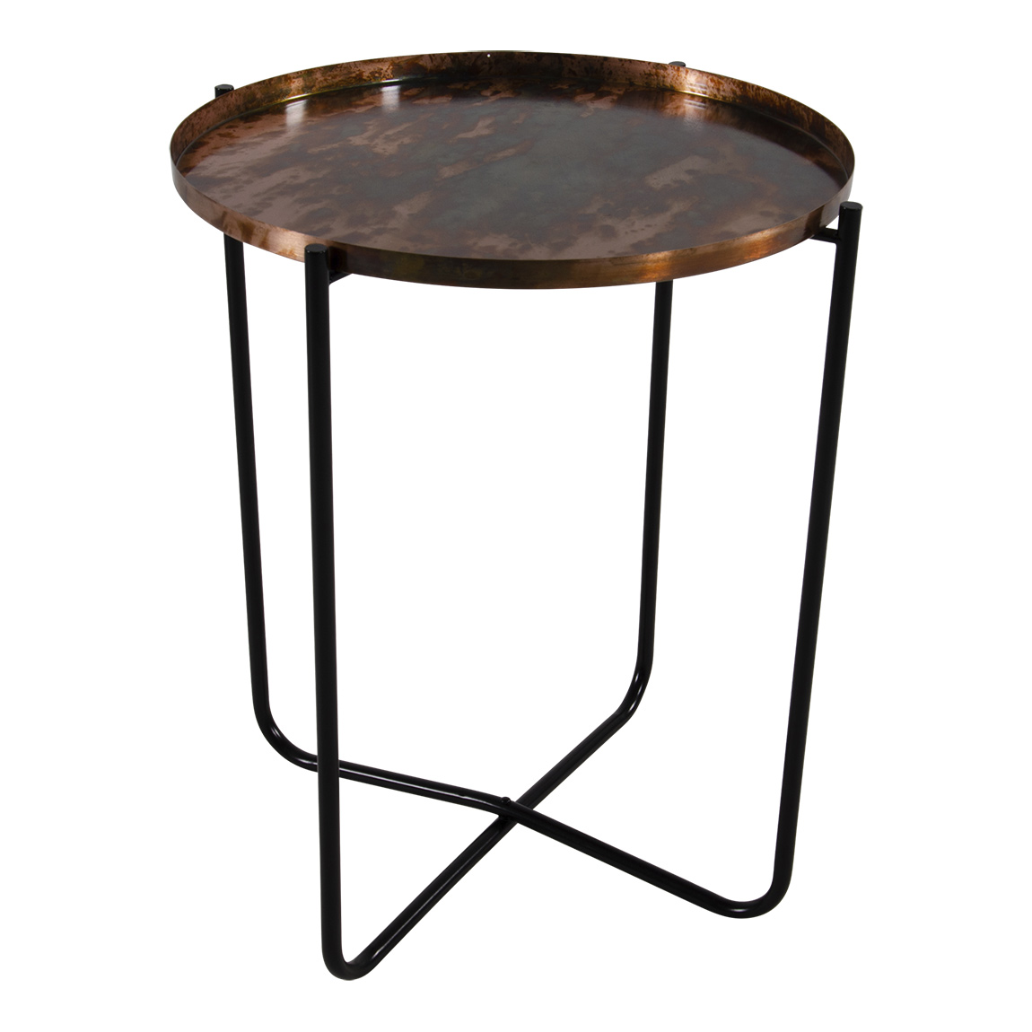 Bijzettafel oud koper tafelblad zwart onderstel 50 cm hoog